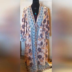 Angie Bohemian Cream Floral Print Tie-Waist Duster Kimono Medium-NEW WITH TAGS!